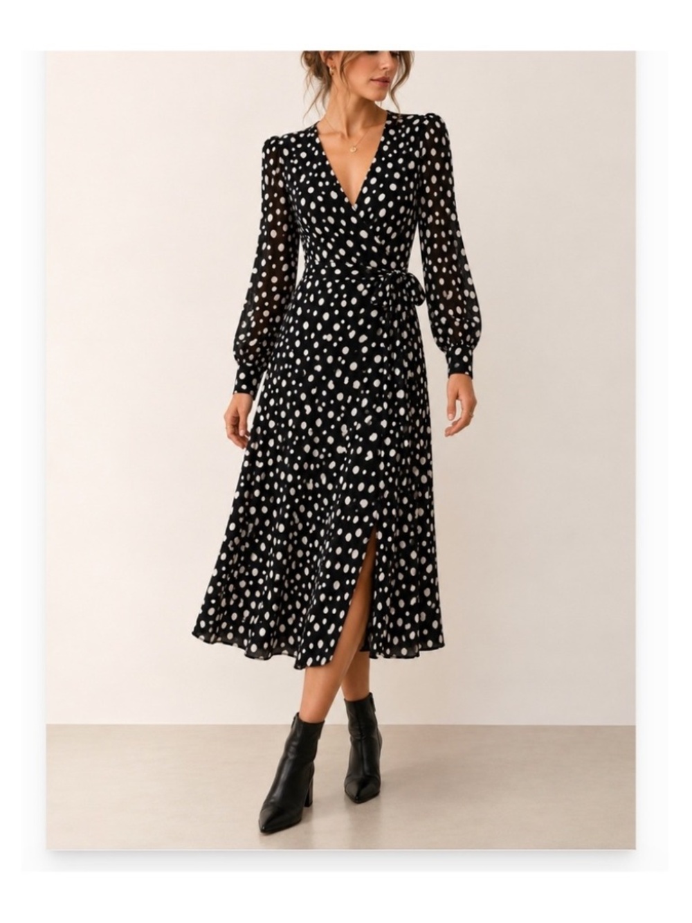 Reformation Suzanna Black and White Spotted Wrap Maxi Dress - Small